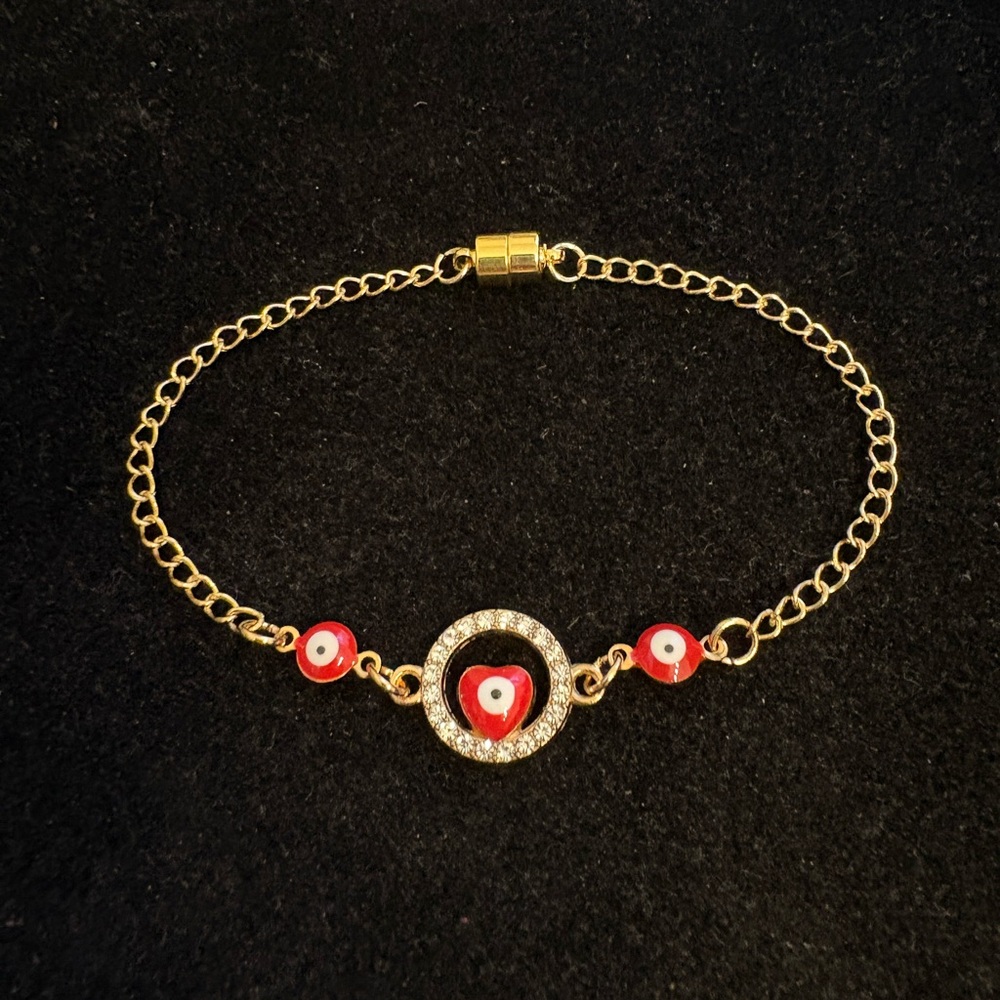 Round rhinestone heart evil eye gold bracelet with Red Evil Eye charms
